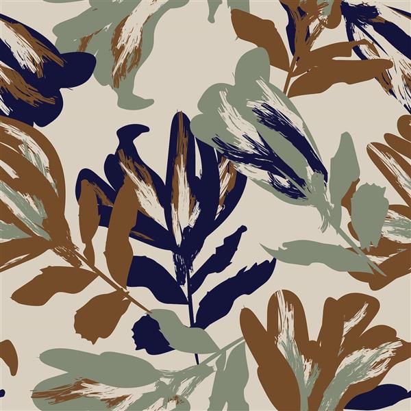 الگوی گل‌دار مدرن با رنگ‌های سرمه‌ای و قهوه‌ای خاکی جهت چاپ پارچه، روتختی بزرگسال و پرده‌های تصویری فانتزی