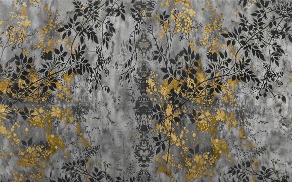 طرح شاخ و برگ گیاهان با تم ذغالی و لمس طلایی لاکچری برای چاپ پرده‌های پانچی و کاغذ دیواری سالن تشریفات