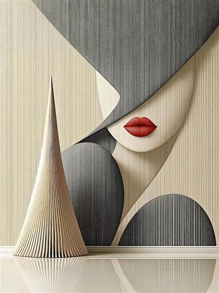 پوستر انتزاعی چهره زن با کلاه بزرگ و لب‌های قرمز در سبک مینیمال مدرن برای تالارهای پذیرایی و سالن‌های زیبایی