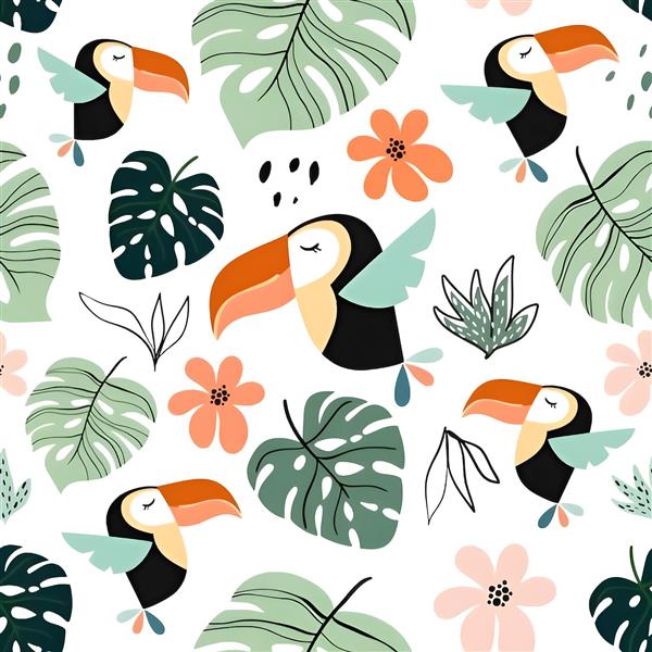 طرح کارتونی پرنده توکان و برگ‌های استوایی برای پوستر دیواری اتاق کودک و چاپ روی روتختی و پرده اتاق نوزاد