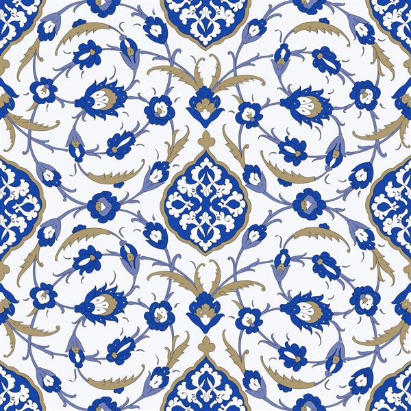 نقوش ختایی و اسلیمی آبی لاجوردی الهام گرفته از هنر کاشی‌کاری ایرانی برای پوستر دیواری سنتی و سفره‌خانه‌ها