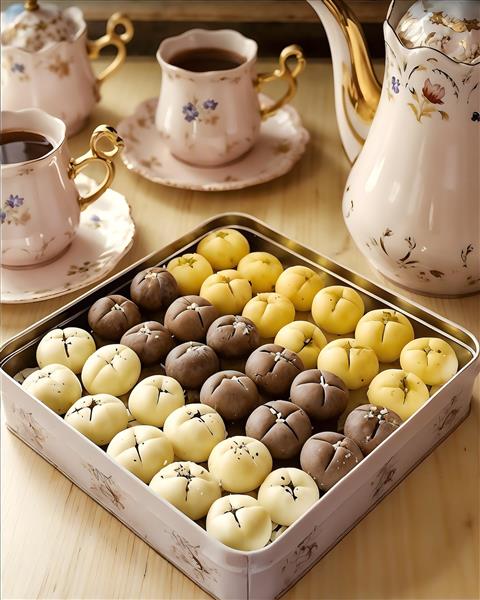 تصویر باکیفیت شیرینی‌های خوشمزه در جعبه فلزی و ست چای‌خوری گل‌گلی مناسب برای پوستر دیواری آشپزخانه و کافه