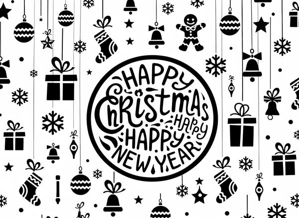 طرح تبریک کریسمس و سال نو میلادی سیاه و سفید برای چاپ روی سینی، پوستر فروشگاهی و پوشه و کلاسور