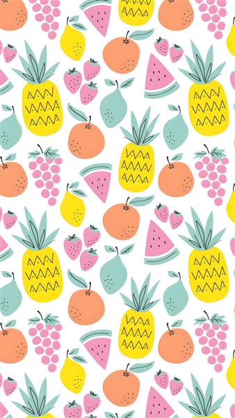 الگوی فانتزی میوه‌های تابستانی رنگارنگ برای پوستر دیواری اتاق کودک، مهدکودک و چاپ روی دفترچه و ملحفه