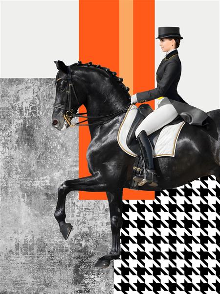 تصویر هنری مدرن سوارکاری و اسب سیاه با پس‌زمینه هندسی و طرح پیچازی برای تابلو دکوراتیو اتاق کار و فریم‌های مدرن