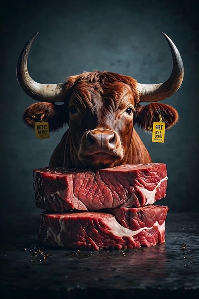 تصویر گرافیکی سر گاو با استیک‌های گوشت تازه مناسب دکوراسیون رستوران‌های استیک‌هاوس، قصابی و فست‌فود