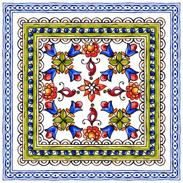 طرح نقاشی سنتی کاشی هفت‌رنگ با گل‌های فانتزی مناسب چاپ روی بشقاب‌های دکوراتیو، مگنت و کاشی آشپزخانه