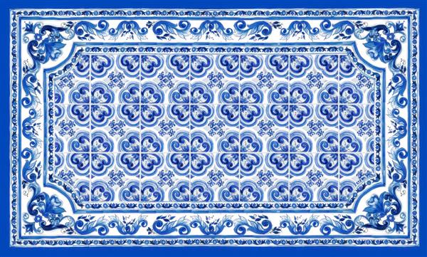 طرح اصیل کاشی‌های آبی و سفید اسلیمی ویژه چاپ روی کوسن، روتختی و کاغذ دیواری سرویس‌های بهداشتی لوکس