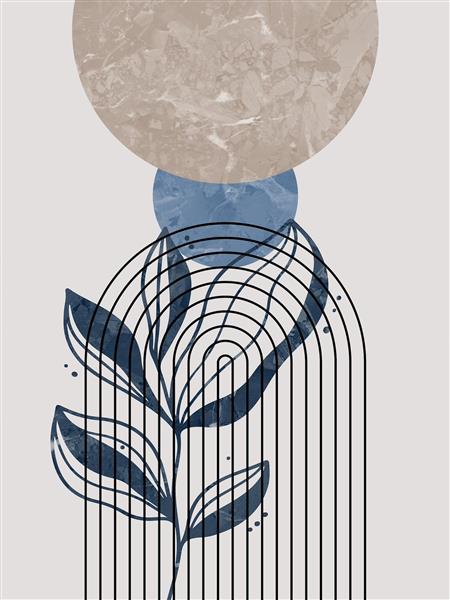 پوستر دیواری مینیمال با طرح انتزاعی برگ و دایره‌های سنگی مناسب دکوراسیون سالن پذیرایی و اتاق خواب مدرن برای چاپ تابلو دکوراتیو و کاغذ دیواری سه بعدی