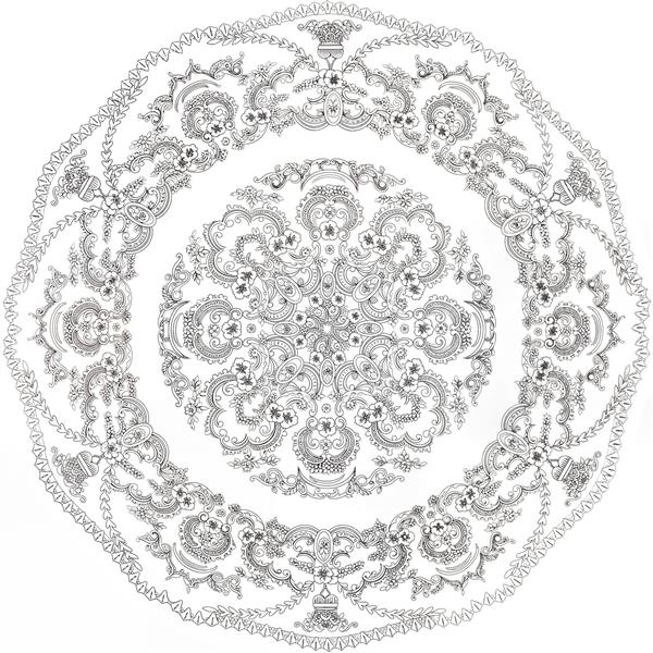 ماندالای خطی و ظریف مشکی روی زمینه سفید برای پوستر دیواری پذیرایی، رنگ‌آمیزی بزرگسال و چاپ روی بشقاب‌های دکوراتیو