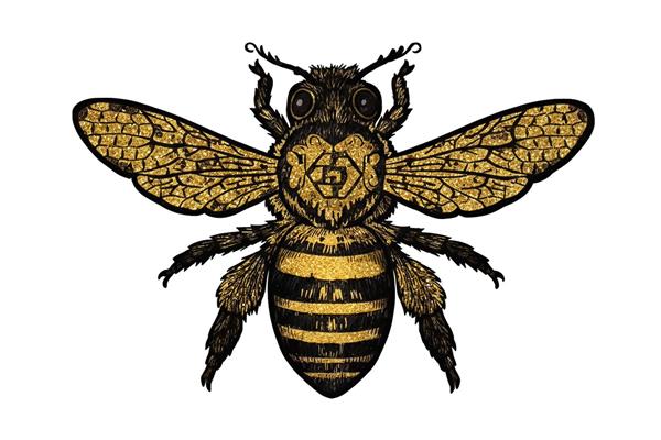 تصویر گرافیکی زنبور عسل با جزئیات طلایی و تزئینی مناسب چاپ روی جلد دفترچه، قاب‌های دکوراتیو و استیکر دیواری آشپزخانه