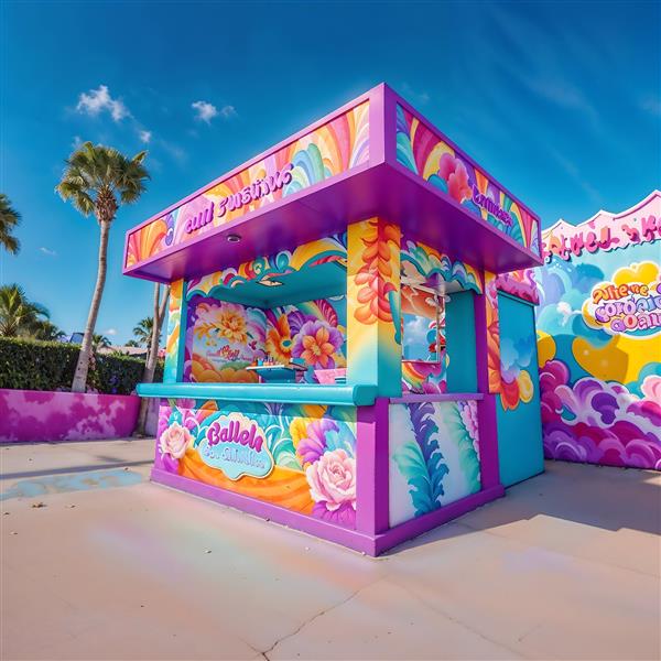 طرح دکوراسیون کیوسک فانتزی و غرفه خوراکی با رنگ‌های شاد برای پوستر دیواری شهربازی و اتاق بازی کودکان و دکور کافه