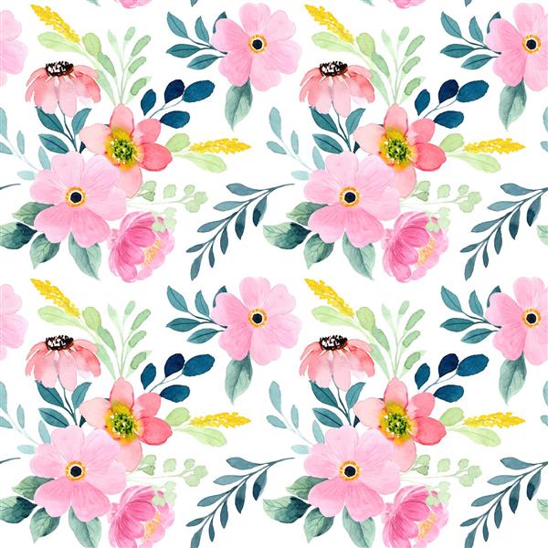 طرح آبرنگی گل‌های صورتی بهاری با برگ‌های سبز جهت چاپ پرده، روتختی بزرگسال و پوستر دیواری نشیمن