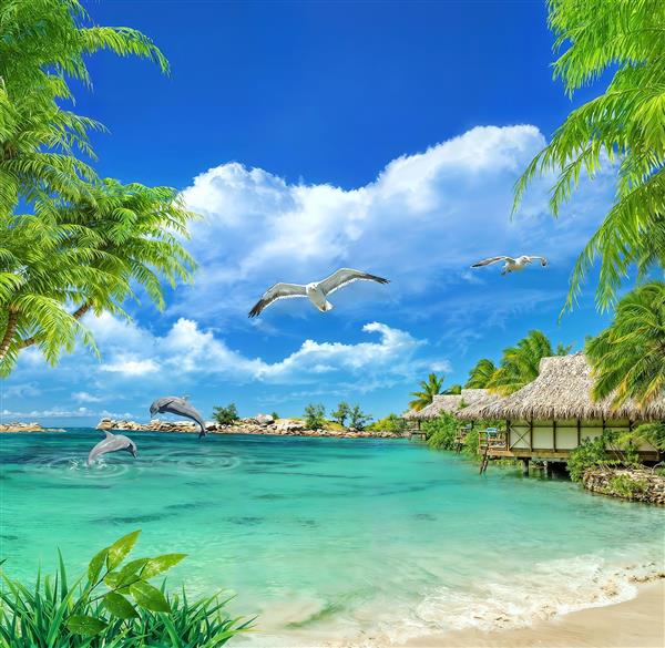 منظره رویایی کلبه‌های روی آب و پرواز مرغان دریایی مخصوص پوستر دیواری فانتزی و سه بعدی