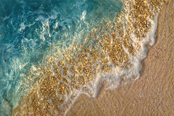 منظره ساحل شنی با ذرات طلایی درخشان و موج دریا برای پوستر دیواری آرامش‌بخش اتاق خواب و ویلا