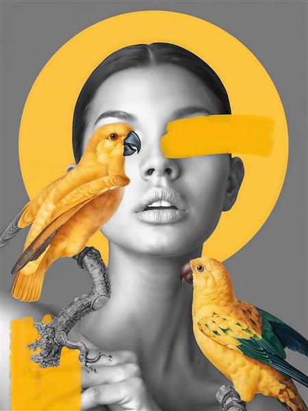 طرح مدرن چهره زن و طوطی‌های زرد روی شاخه برای پوستر دیواری پذیرایی و اتاق خواب مستر