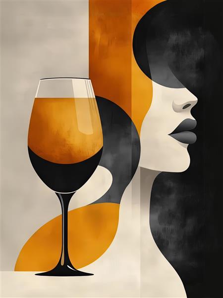 طرح انتزاعی چهره زن و جام نوشیدنی با رنگ‌های گرم برای پوستر دیواری مدرن کافه، رستوران و سالن پذیرایی