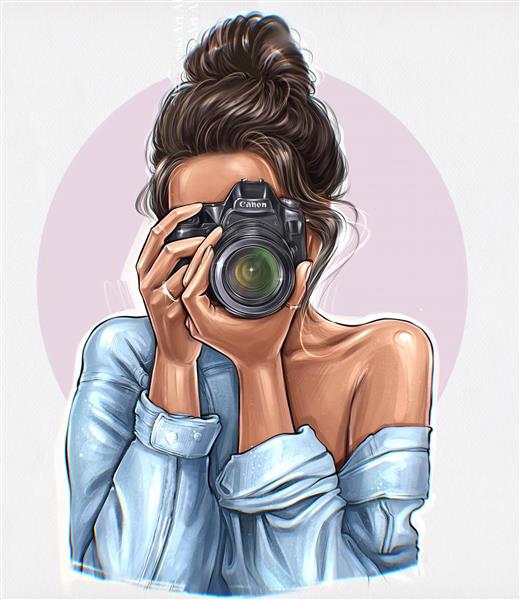 تصویر فانتزی دختر عکاس با دوربین حرفه‌ای مناسب برای پوستر دیواری آتلیه عکاسی و اتاق خواب نوجوان