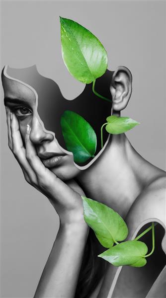 طرح گرافیکی مینیمال چهره زن و برگ‌های سبز برای پوستر دیواری مدرن و ساده کلینیک‌های زیبایی و سلامت