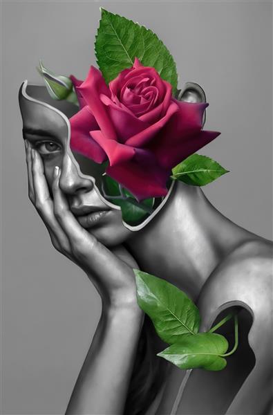 تایپوگرافی تصویری چهره زن و گل رز قرمز به سبک مدرن برای تابلو دکوراتیو اتاق خواب و سالن‌های لوکس