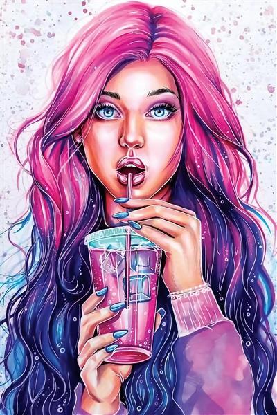 نقاشی دیجیتال دختر با موهای صورتی در حال نوشیدن اسموتی برای پوستر دیواری اتاق کودک و نوجوان و کافی‌شاپ