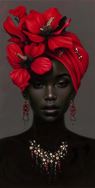 پوستر دیواری لوکس چهره زن آفریقایی با سربند گل‌دار قرمز و جواهرات براق برای دکوراسیون پذیرایی