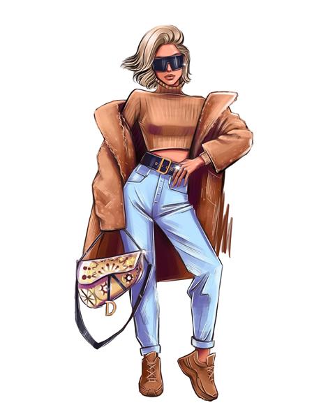 وکتور مد و فشن زن با پالتو شتری و شلوار جین ایده‌آل برای چاپ روی بگ خرید، ماگ و دفترچه یادداشت