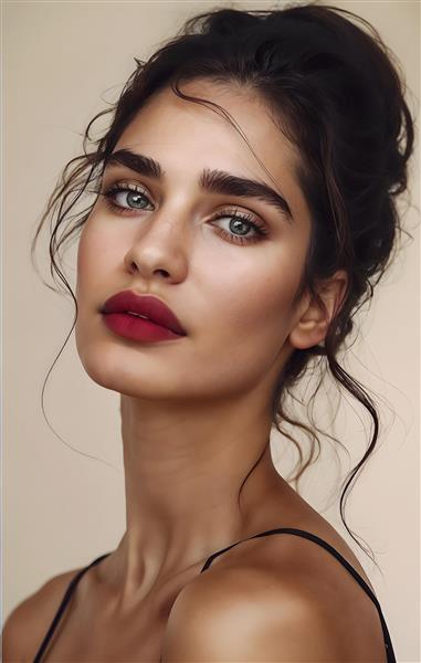 تصویر باکیفیت چهره زن با آرایش لایت و رژ لب زرشکی ویژه پوستر دیواری سالن زیبایی و آرایشگاه زنانه