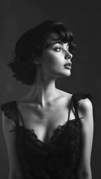 پرتره سیاه و سفید کلاسیک زن با لباس گیپور مناسب برای تابلو دکوراتیو اتاق خواب و لابی هتل