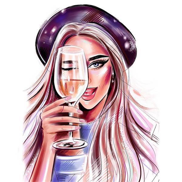 تصویر گرافیکی فانتزی دختر با کلاه و جام نوشیدنی مناسب پوستر دیواری کافی‌بار، تابلوی دکوراتیو آشپزخانه مدرن و تزیین دیوار رستوران و کافه