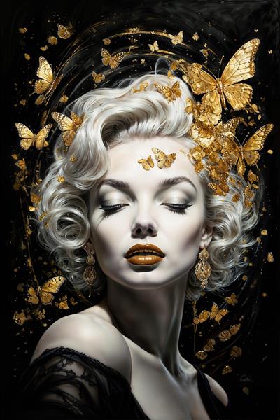 طرح فانتزی مرلین مونرو با پروانه‌های طلایی در زمینه مشکی مناسب پوستر دیواری سه بعدی اتاق خواب، تابلوی لوکس پذیرایی و دکوراسیون مجلل