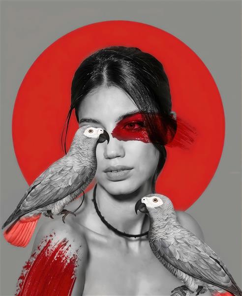 طرح هنری چهره زن و طوطی‌های خاکستری با تم قرمز و طوسی مناسب پوستر دیواری خاص، تابلوی دکوراتیو نشیمن و دکوراسیون داخلی فضاهای هنری