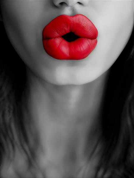 نمای نزدیک لب‌های قرمز در زمینه سیاه و سفید (تک‌رنگ) مناسب پوستر دیواری اتاق مستر، تابلوی دکوراتیو کلینیک زیبایی و چاپ روی شید و پرده آرایشگاه