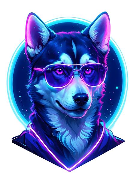 طرح نئونی و دیجیتال سگ هاسکی با عینک بنفش مناسب پوستر دیواری اتاق خواب پسرانه، تابلوی دکوراتیو گیم‌نت و چاپ روی تیشرت و محصولات چاپی فانتزی