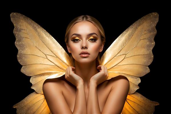 طرح لوکس و اشرافی فرشته با بال‌های طلایی خیره‌کننده مناسب برای پوستر دیواری تالار پذیرایی، لابی هتل‌های مجلل و تابلوی دکوراتیو بالای کاناپه