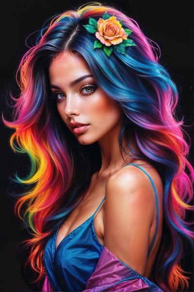 دختر با موهای رنگین‌کمانی و استایل نئونی فانتزی مناسب پوستر دیواری اتاق گیمینگ، تابلوی دکوراتیو اتاق دخترانه و چاپ روی دفتر و قاب گوشی