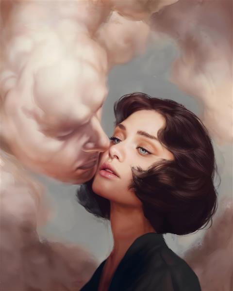 تصویر سوررئال چهره زن و مرد در میان ابرها با حس رویایی مناسب چاپ پوستر دیواری سقف، تابلوی اتاق خواب مستر و تزیین دیوار مراکز مشاوره و مدیتیشن