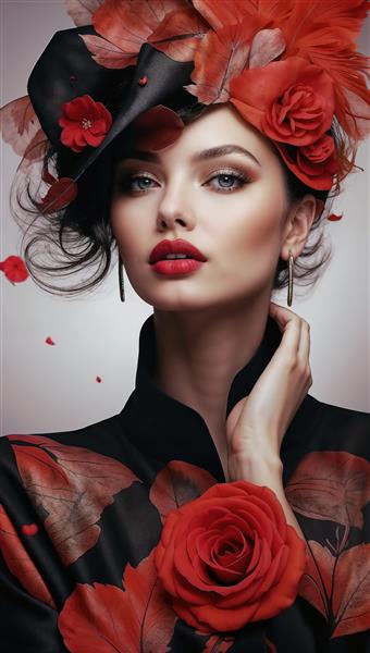 پرتره کلاسیک زن با کلاه و گل رز قرمز در استایل اشرافی مناسب پوستر دیواری سالن پذیرایی لوکس، تابلوی دکوراتیو عمارت و هتل و تزیین دیوار مزون‌های خاص