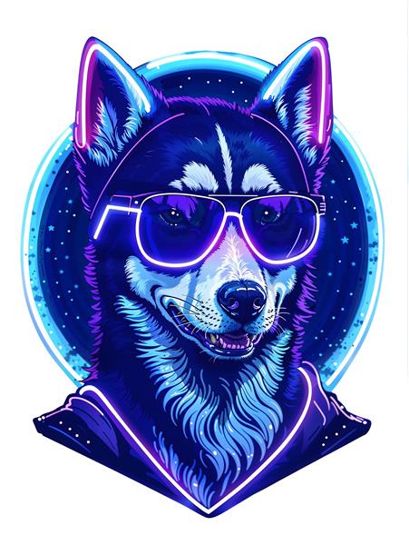 تصویر گرافیکی سگ هاسکی با عینک دودی و نورپردازی نئون مناسب چاپ تابلوی دکوراتیو اتاق نوجوان، پوستر دیواری گیم‌نت و کافه و طرح چاپ روی تیشرت و هودی