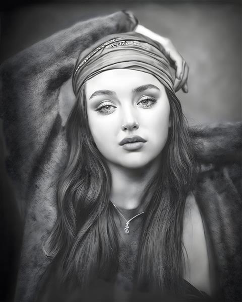 نقاشی سیاه و سفید چهره دختر ایرانی با سربند سنتی برای پوستر دیواری کافه گالری و محیط‌های هنری