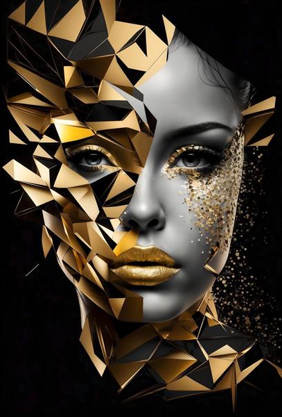چهره زن با ماسک کریستالی طلایی و مشکی خیره‌کننده ویژه پوستر دیواری تالار پذیرایی و لابی لوکس