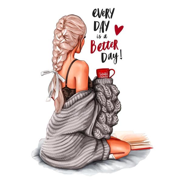 طرح تصویرسازی دختر در حال استراحت با بافت بافتنی برای پوستر دیواری اتاق خواب و کنج دنج خانه