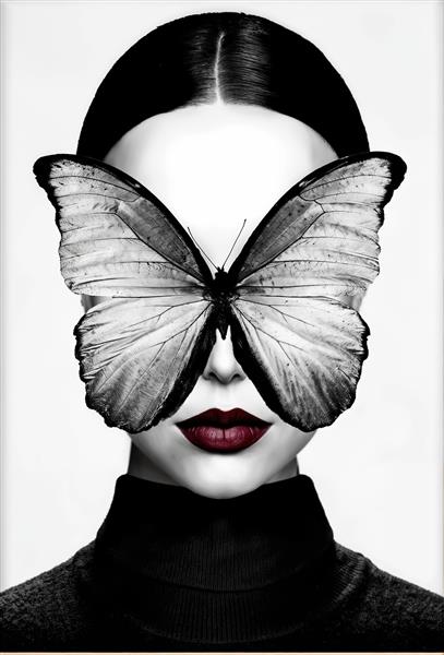 پرتره هنری سیاه و سفید زن با پروانه روی صورت مناسب برای تابلو دکوراتیو آرایشگاه زنانه و کلینیک زیبایی