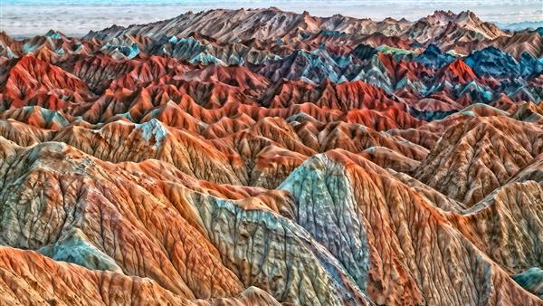 منظره کوه‌های رنگی ژئوپارک با طیف قرمز و آبی برای پوستر دیواری اتاق نوجوان و پانل‌های دکوراتیو