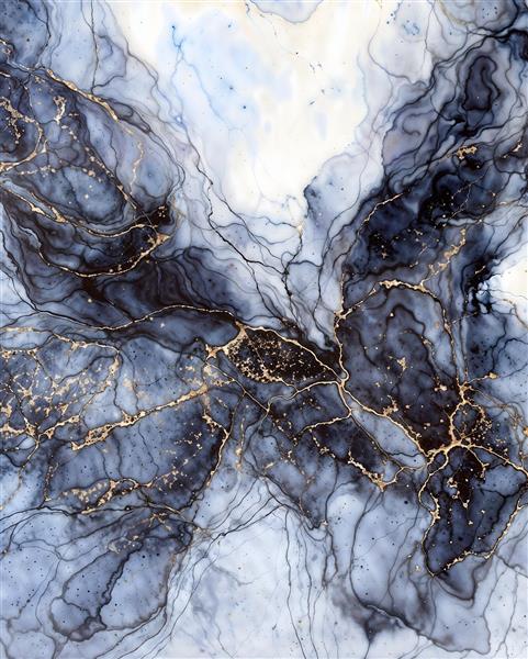 طرح انتزاعی مدرن با رنگ‌های آبی تیره و رگه‌های طلایی لوکس برای پوستر دیواری پذیرایی و لابی هتل