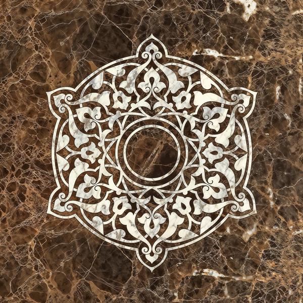 نقش اسلیمی حکاکی شده بر سنگ مرمر قهوه‌ای سوخته ویژه تولید کاشی دکوراتیو و پوستر دیواری کلاسیک برای ورودی هتل