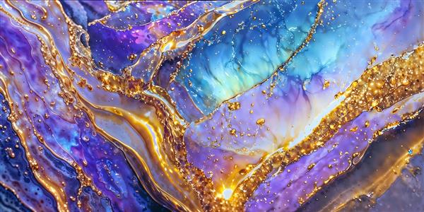 تصویر رویایی کریستال بنفش و فیروزه‌ای با لایه‌های طلایی مناسب پوستر دیواری اتاق خواب و دفتر کار