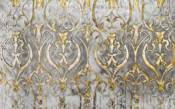 پوستر دیواری کلاسیک با طرح اسلیمی طلایی روی زمینه سنگی مخصوص تالارهای مجلل، پشت تختخواب و چاپ روی فرش و رانر دکوراتیو