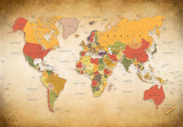 نقشه جهان با سبک کلاسیک و رنگ‌بندی گرم برای پوستر دیواری اتاق نوجوان، آژانس‌های هواپیمایی و اتاق مطالعه