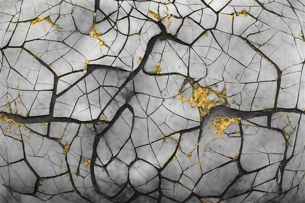 طرح سه بعدی سنگ ترک خورده با مغزی طلایی لوکس مناسب برای پوستر دیواری پشت مبلمان و لابی ساختمان‌های مدرن